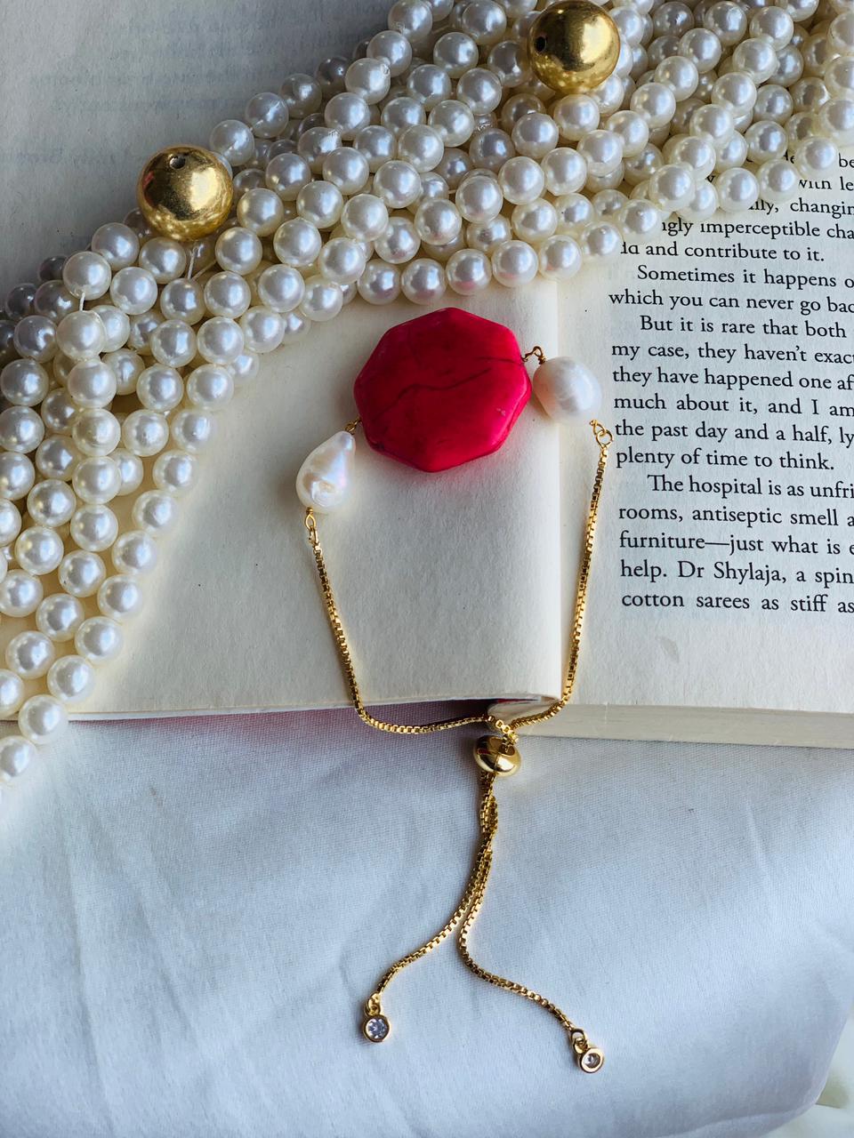 Coloured Stone Bracelet with pearl In Adjustable chain