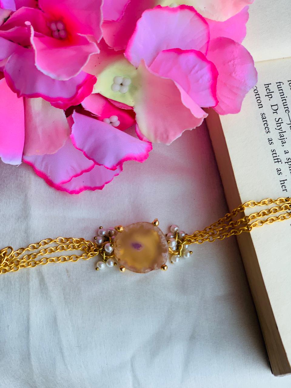 Agate Stone With Pearl Studded In Brass Metal Rakhi