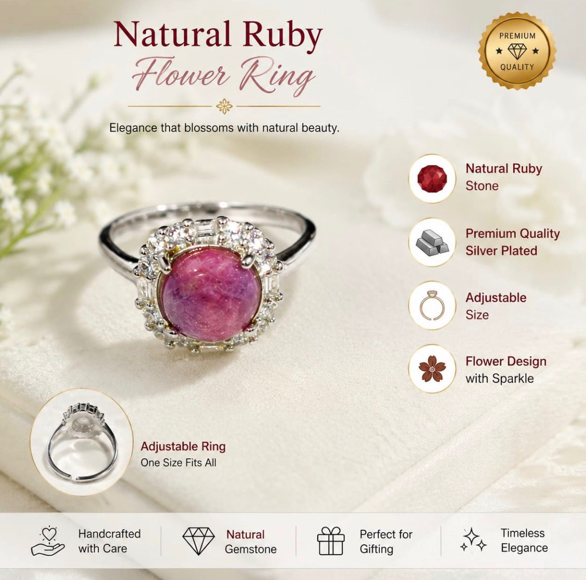 Natural Ruby Flower Ring