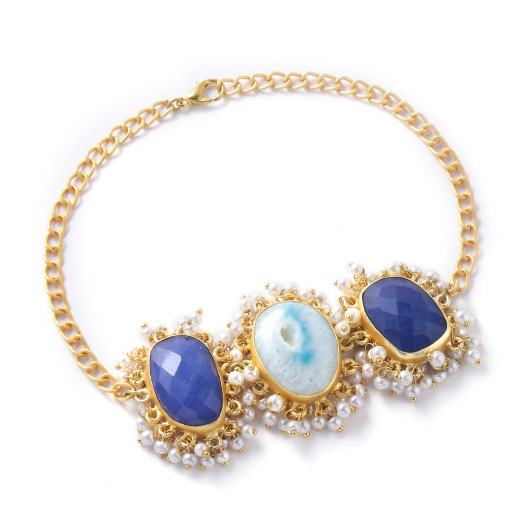 Agate Bracelet with blue Ropada & Pearls studded in Brass Metal Rakhi
