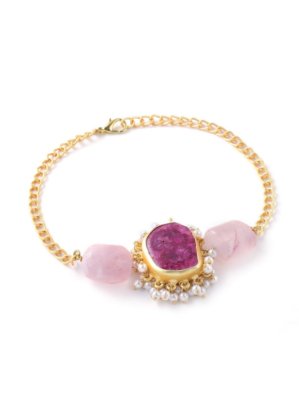 Agate With Rose Quartz And Pearl Bracelet In Brass Metal Rakhi