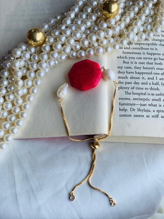 Coloured Stone Bracelet with pearl In Adjustable chain