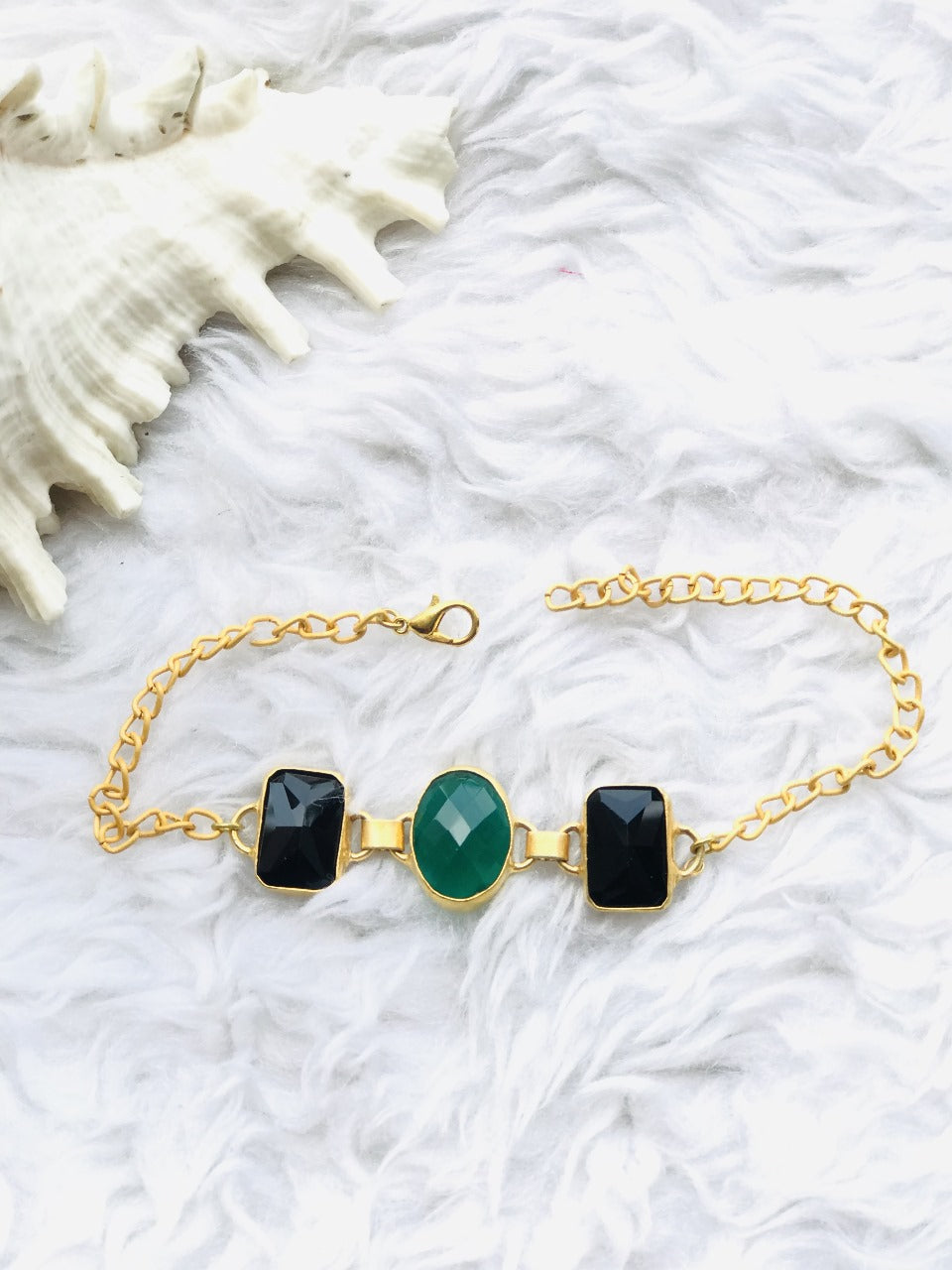 Green Onyx Stone Bracelet Studded In Brass Metal Rakhi