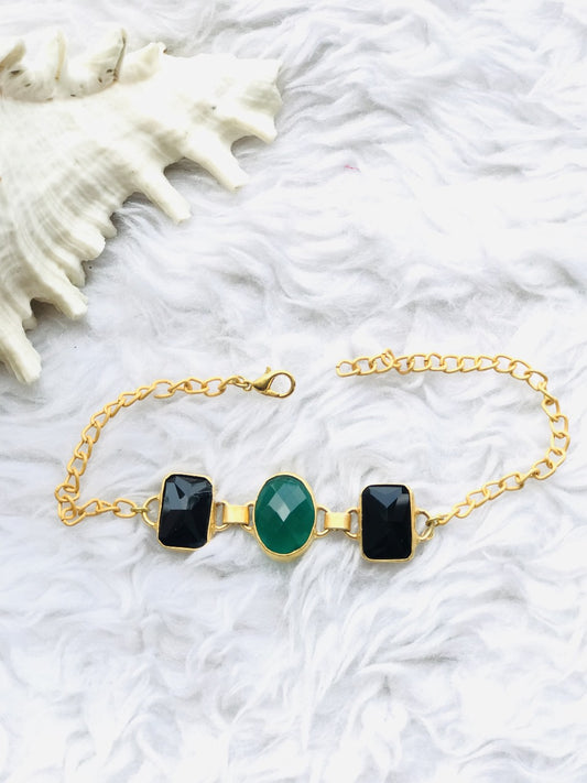 Green Onyx Stone Bracelet Studded In Brass Metal Rakhi