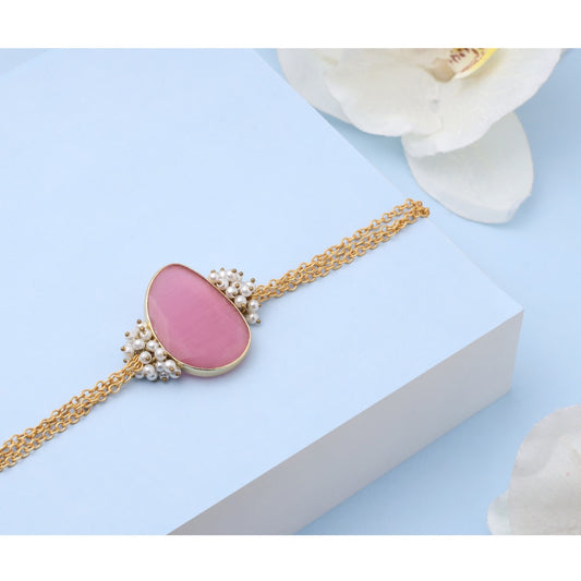 Pink Monalisa Stone With Pearl Bracelet In Brass Metal