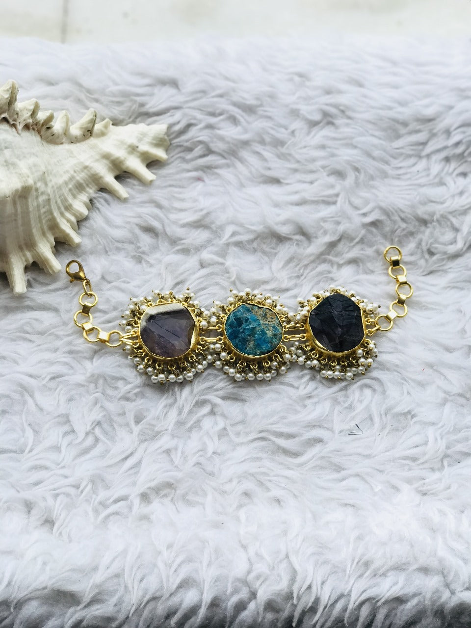 Amethyst,kianite & smokky topaz raw stone with pearl Bracelet studded in Brass Metal