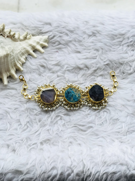 Amethyst,kianite & smokky topaz raw stone with pearl Bracelet studded in Brass Metal