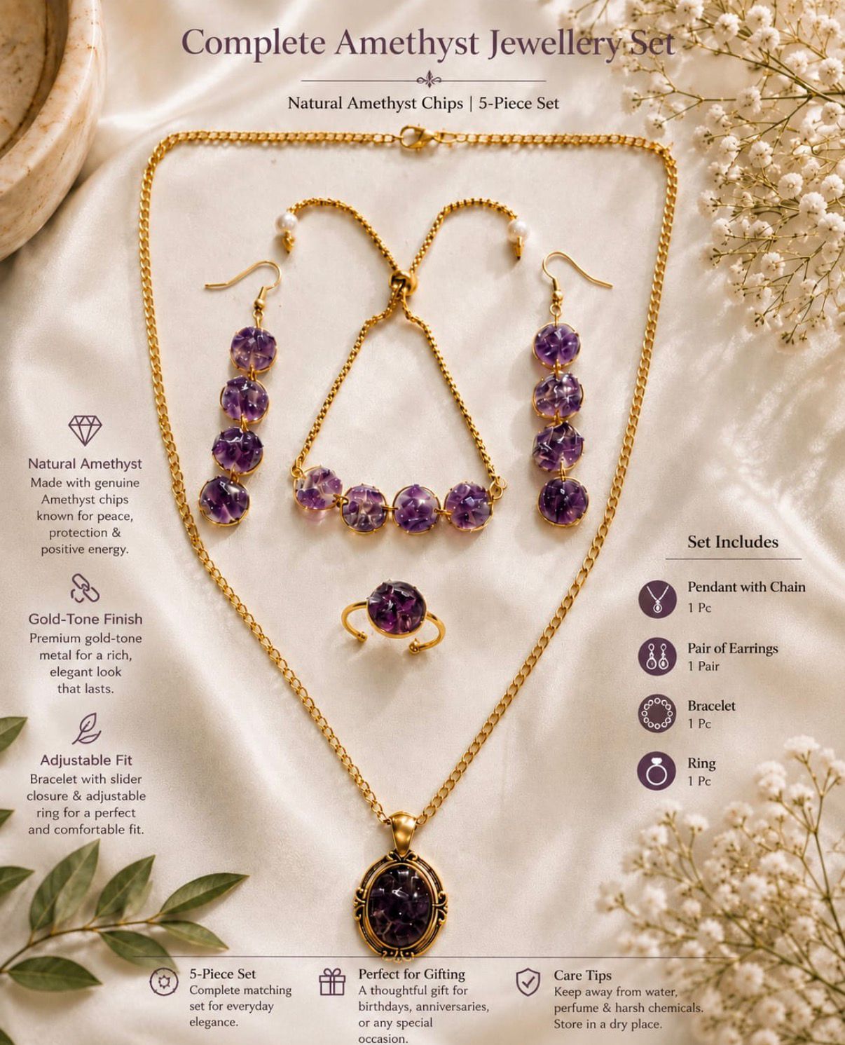 Amethyst 5 piece Jewellery Set